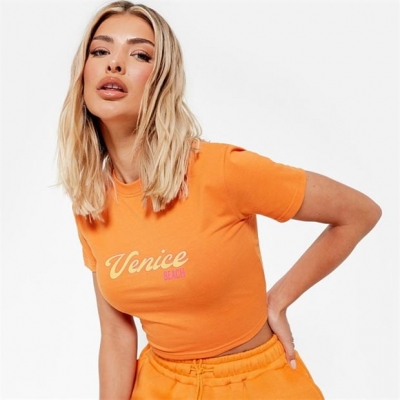 Tricou scurt I Saw It First Venice Beach imprimeu Graphic Print Shirt Co-Ord portocaliu