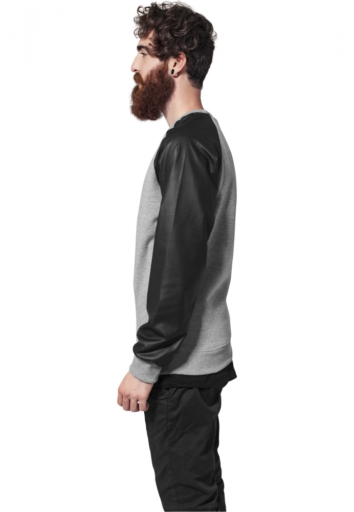 Bluza cu guler rotund maneci piele ecologica gri negru Urban Classics