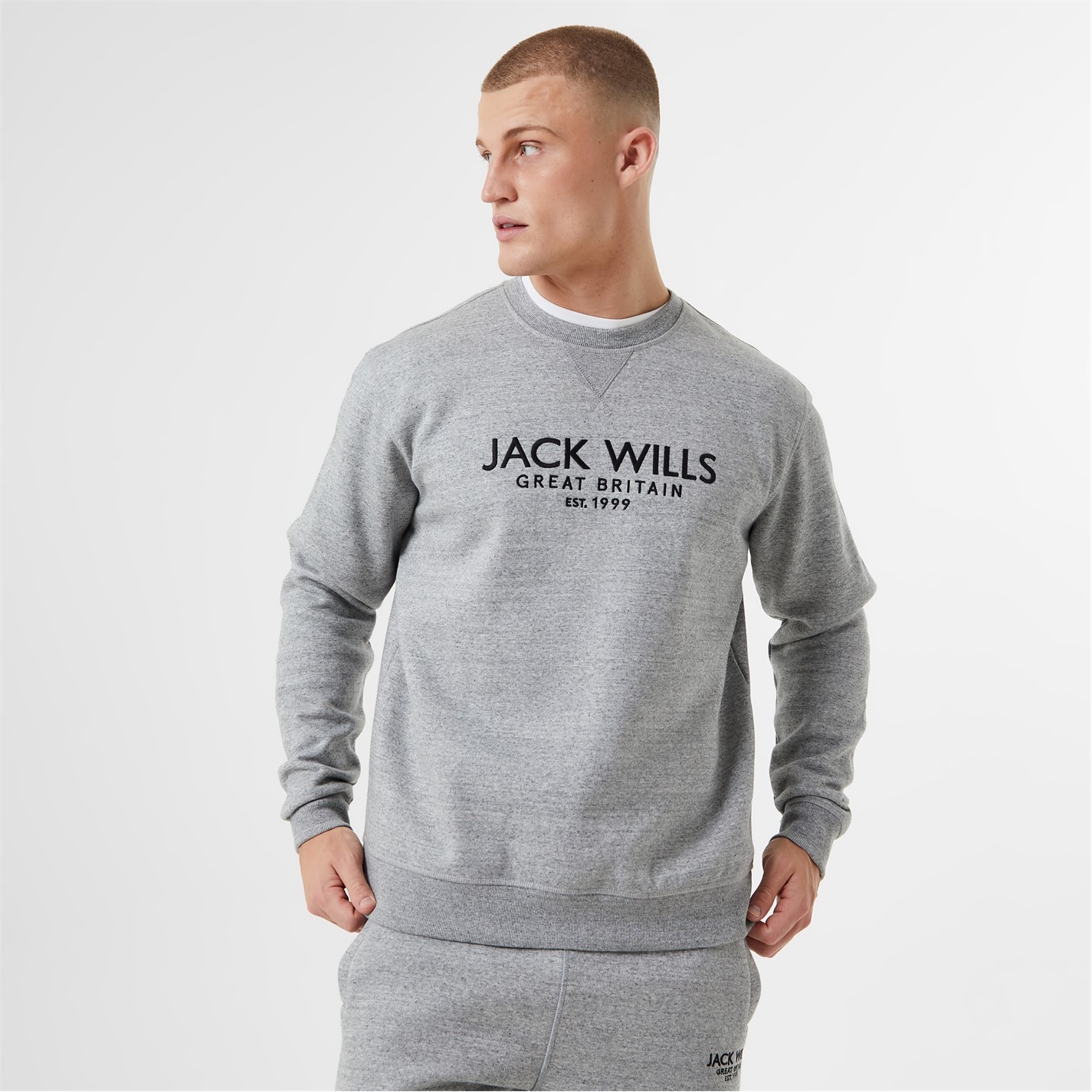 Bluza de trening Jack Wills Belvue imprimeu Graphic Logo cu guler rotund gri