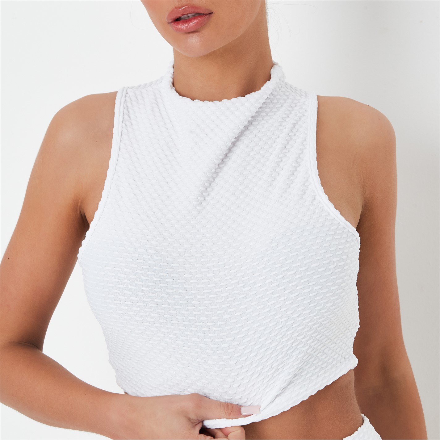 Top scurt Missguided Co Ord Textured cu guler inalt Racer alb
