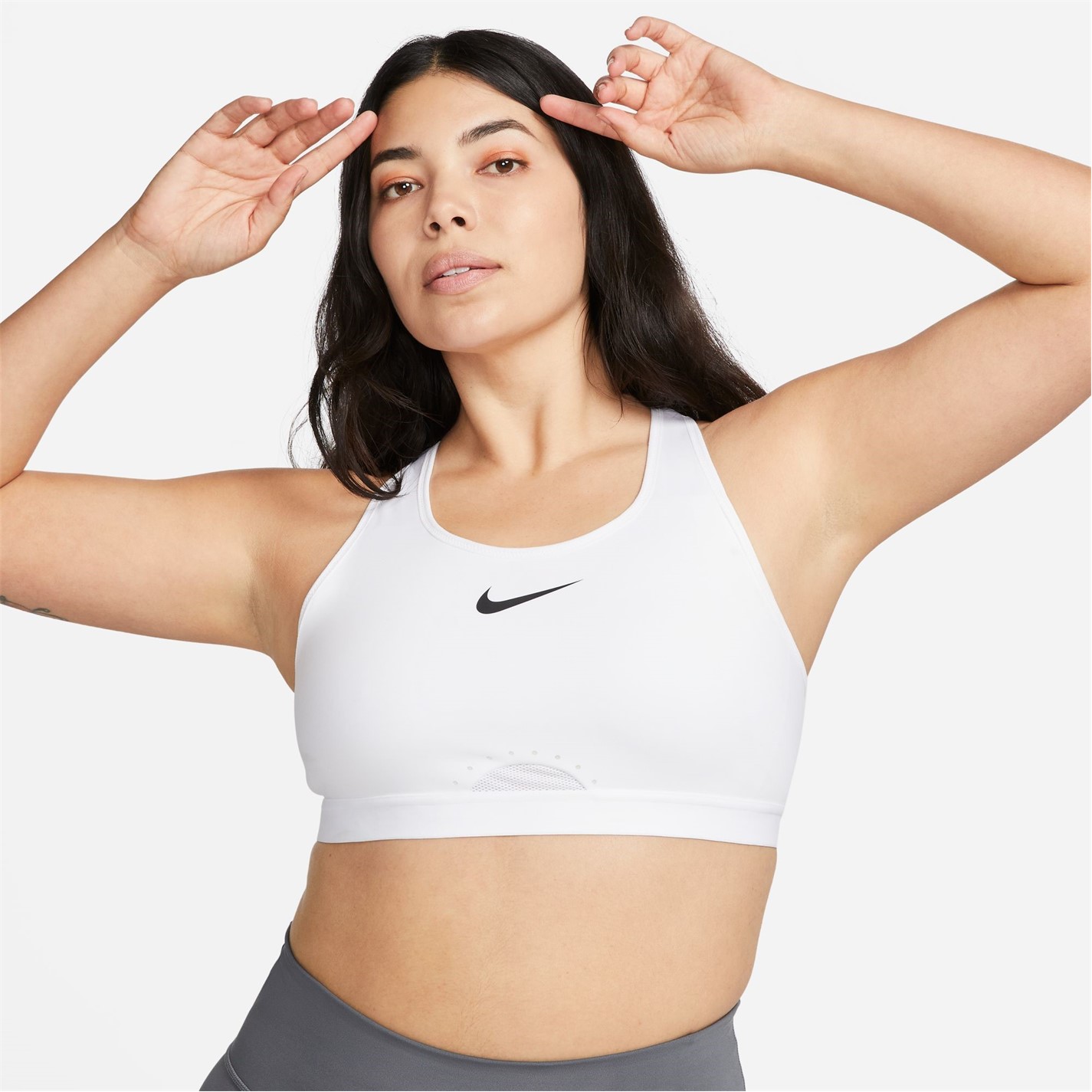 Bustiera sport Nike Dri-FIT Swoosh High-Support Non-cu captuseala ajustabil pentru femei alb