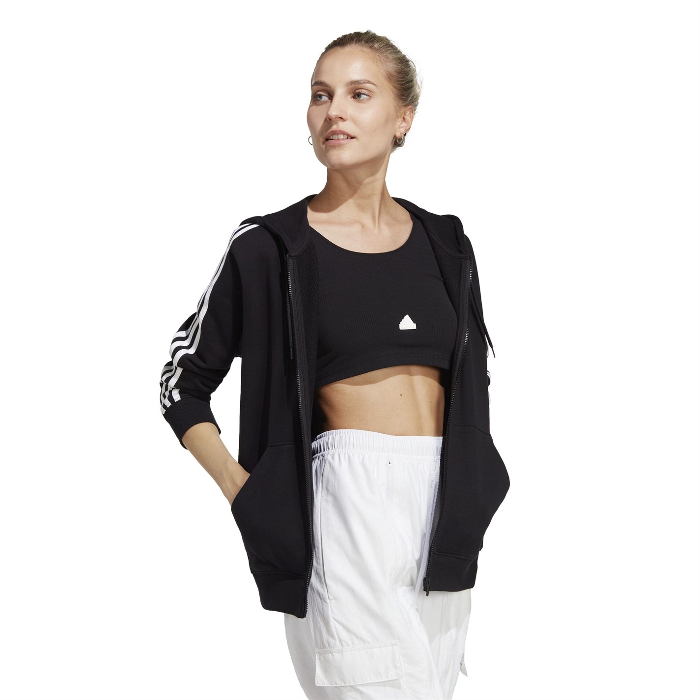 Hanorac adidas 3 cu dungi cu fermoar Track pentru Femei negru alb